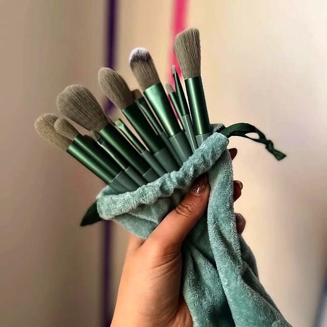 MK Signature Sage Edit 13-piece makeup brush set with sage green handles